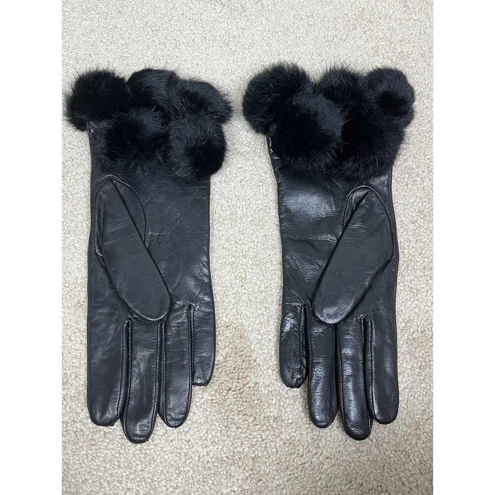 VTG Fownes Sz 8 Black Leather Gloves Unique 5 Fur Pom Cuffs WPL 9522 Luxury